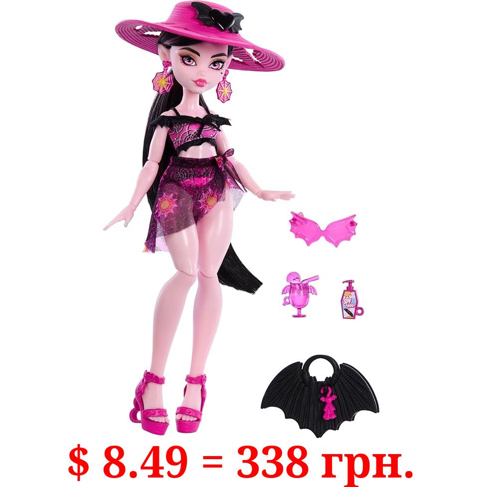 Monster High Scare-adise Island Draculaura Doll with Swimsuit, Sarong and Beach Accessories Like Hat, Sunscreen, and Tote