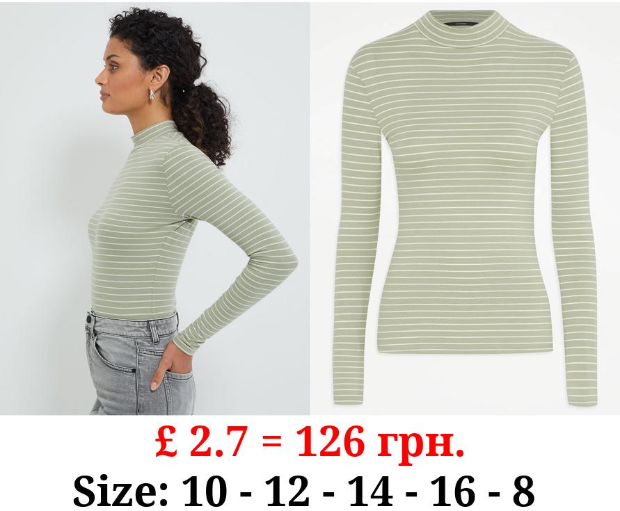 Sage Green Striped Turtleneck Long Sleeve Top