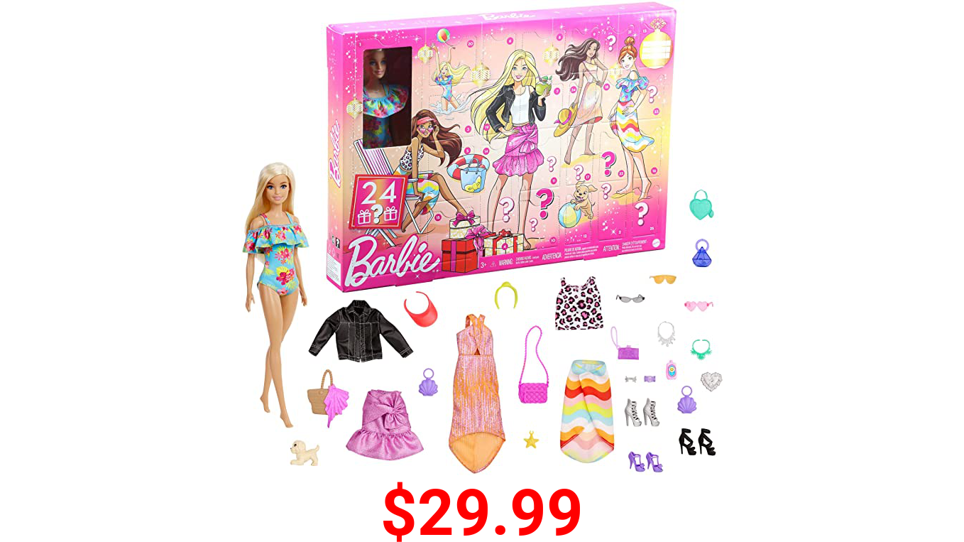 Barbie Advent Calendar with Barbie Doll (12-in), 24 Surprises Including Day-to-Night Trendy Clothing & Accessories, Festive Holiday Themed Packaging for Kids 3 to 7 Years Old