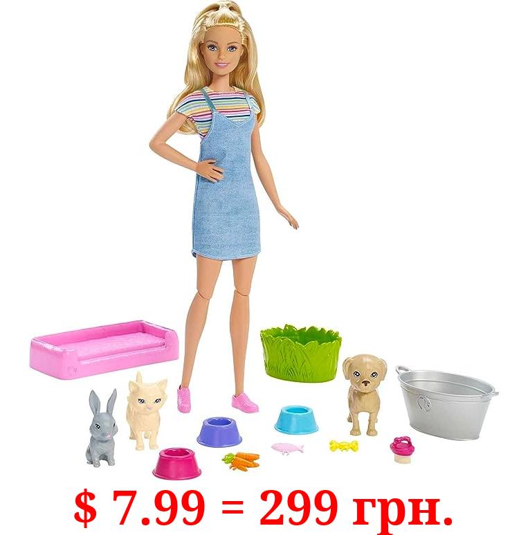Barbie Play 'N Wash Pets Doll & Playset with 3 Color-Change Animals & 10 Accessories, Blonde Doll with Blue Eyes