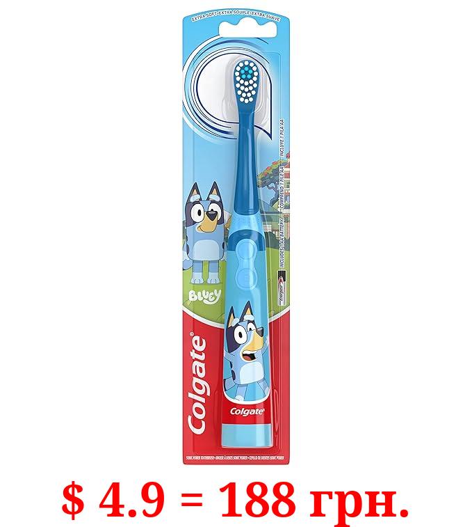 Colgate Kids Battery Powered Toothbrush, Kids Battery Toothbrush with Included AA Battery, Extra Soft Bristles, Flat-Laying Handle to Prevent Rolling, Bluey Toothbrush, 1 Pack