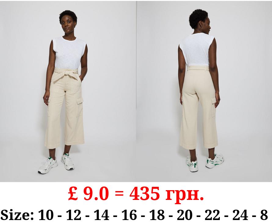 Cream Utility Denim Wide Leg Cropped Trousers