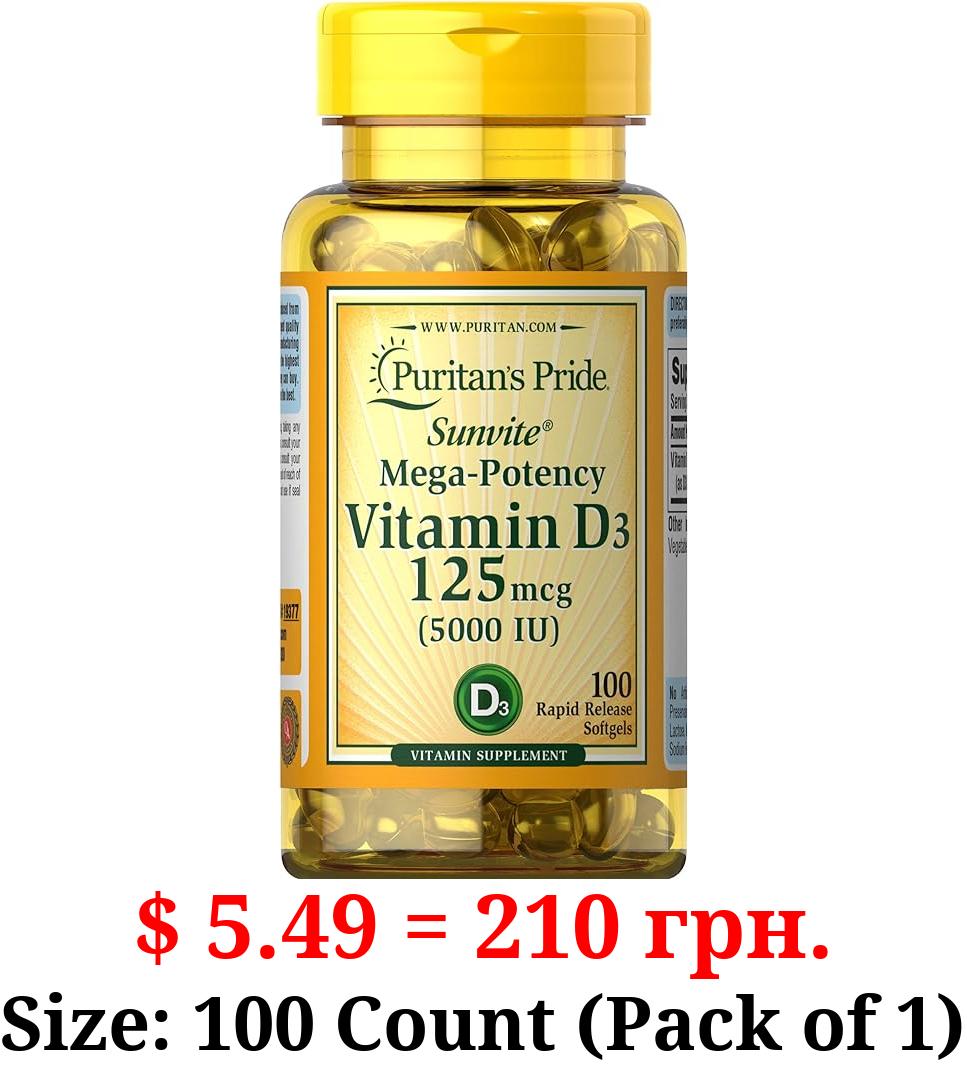 Puritan's Pride Vitamin D3 Mega Potency 5000 IU Bolsters Immune Health System Support and Healthy Bones & Teeth, Unflovored, 100 Count