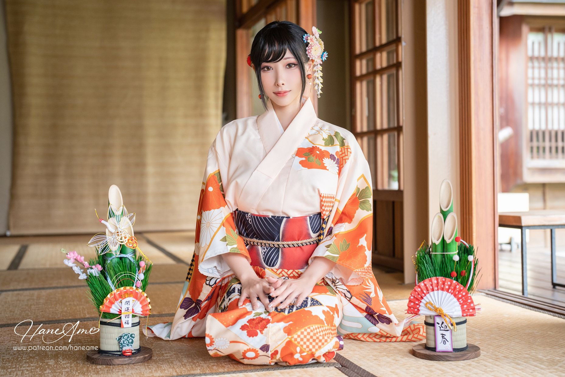 HaneAme 雨波 — Flower Print Kimono Girl 11