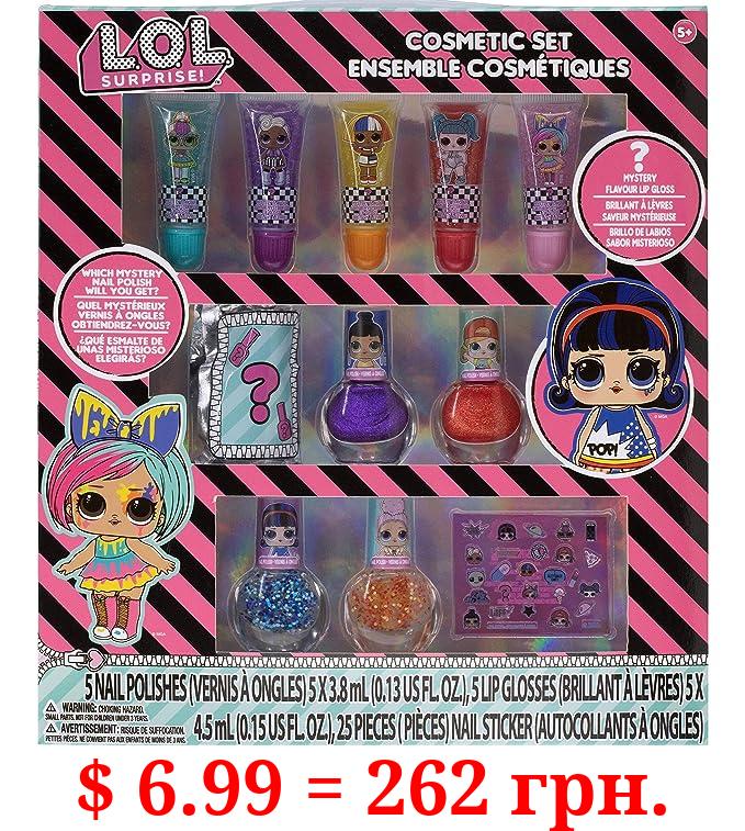 LOL Surprise Townley Girl 11 Pcs Sparkly Cosmetic Makeup Set for Kids Includes 5 Lip Gloss, 5 Nail Polish & Nail Stickers for Girls Tweens, Ages 3+ Perfect for Parties, Sleepovers and Makeovers