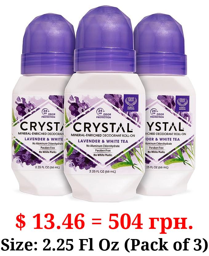 CRYSTAL Aluminum Free Mineral Deodorant Roll-On for Women & Men, Lavender & White Tea - Paraben Free - Certified Cruelty Free & Vegan Deodorant - Prevents Odor Up to 24 Hours ,2.25 Fl Oz (Pack of 3)