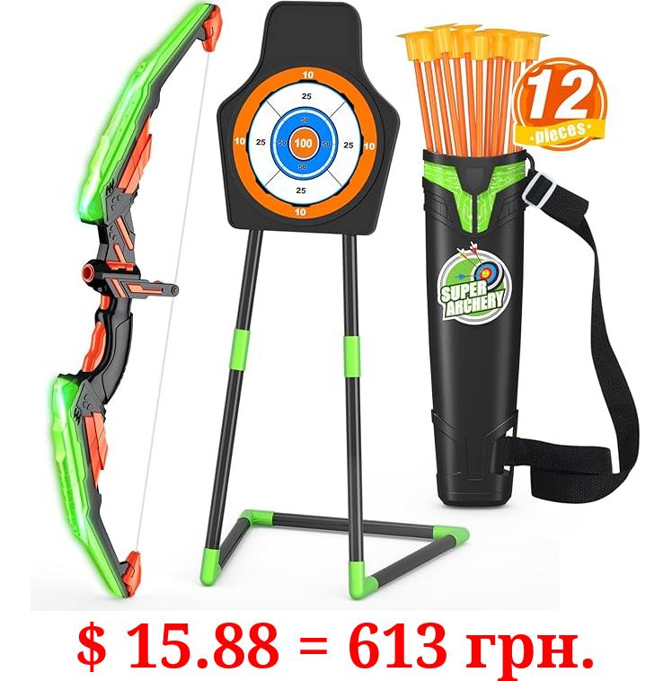 HYES Bow and Arrow for Kids, LED Light Up Archery Set with 12 Suction Cup Arrows, 1 Standing Target, 3 Score Targets & 1 Quiver, Indoor Outdoor Sport Gifts for Boys Girls Ages 4-12, Green