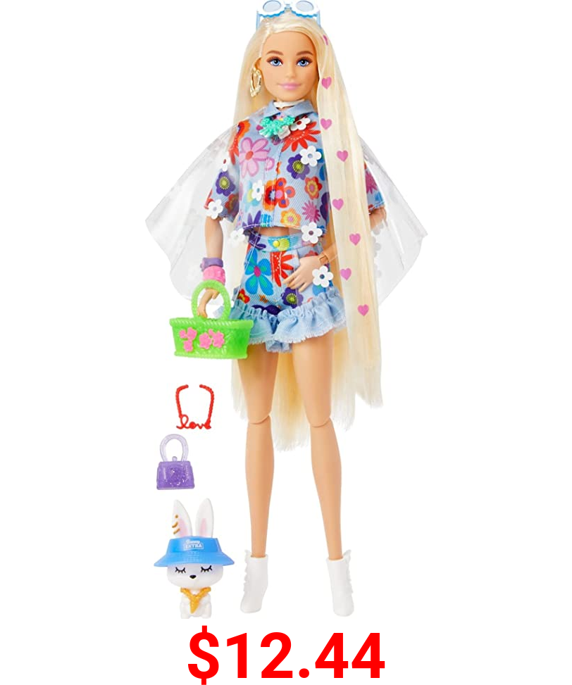 Barbie Extra Doll #12 in Floral 2-Piece Fashion & Accessories, with Pet Bunny, Extra-Long Blonde Hair with Heart Icons & Flexible Joints, Gift for 3 Year Olds & Up