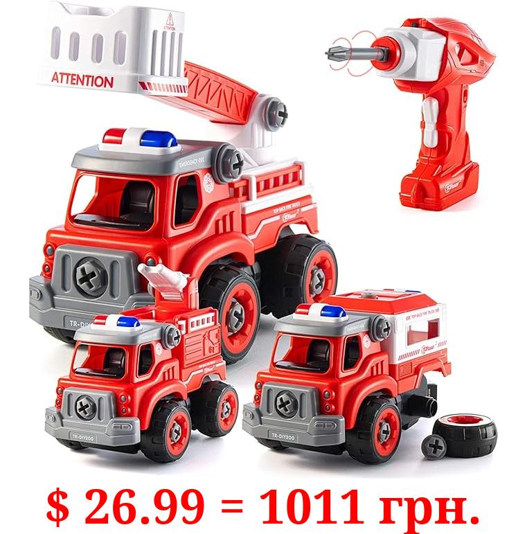 Top Race Firetruck Toy with Battery Powered Drill – Heavy Duty 3-in-1 Take Apart Truck and Remote Control – Easy to Assemble Toy Firetrucks for Kids Building Toys for 4 Year Olds