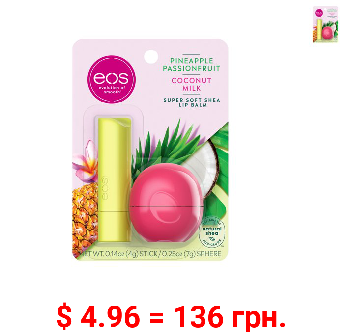 eos Super Soft Shea Lip Balm Stick & Sphere - Pineapple Passionfruit and Coconut Milk , Moisuturzing Shea Butter for Chapped Lips , 0.39 oz, 2 count