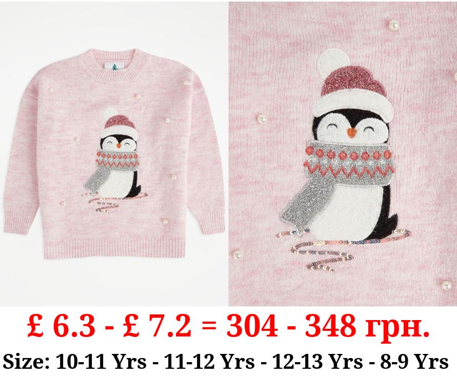Pink Embellished Penguin Knitted Jumper