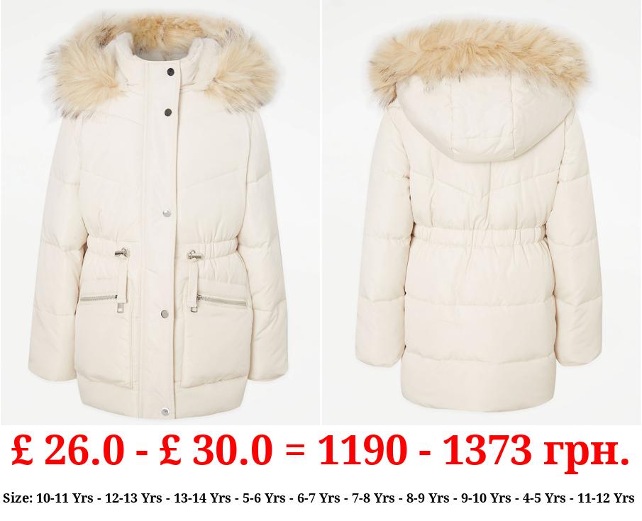 Cream Faux Fur Trim Parka Coat