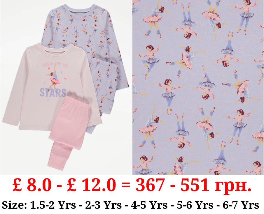 Ballerina Print Long Sleeve Pyjamas 2 Pack