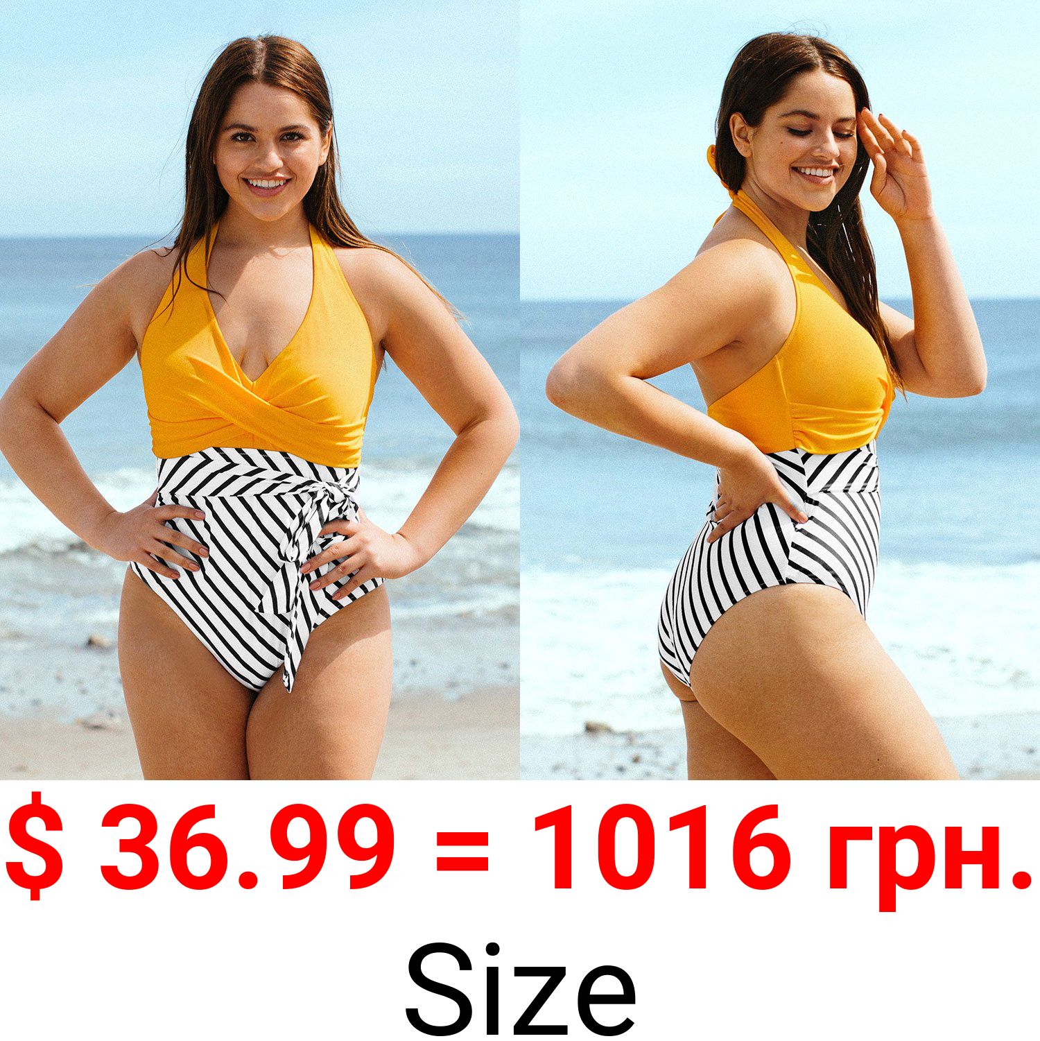 Londyn Yellow And Striped Plus Size One Piece Swimsuit
