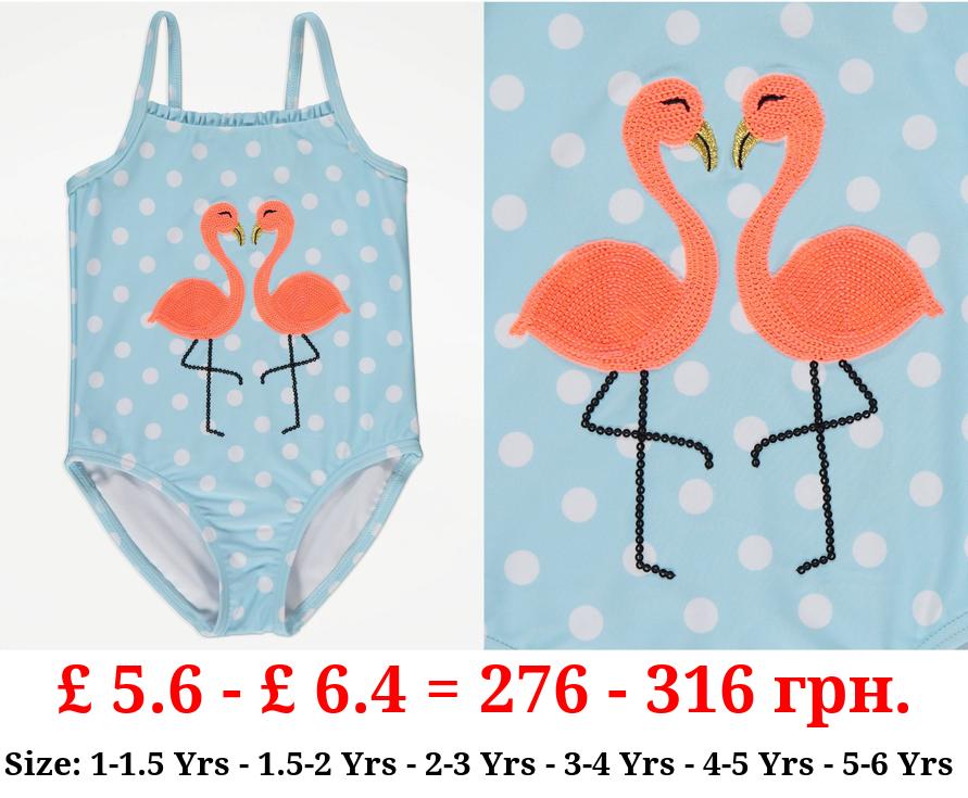 Blue Polka Dot Sequin Flamingo Swimsuit