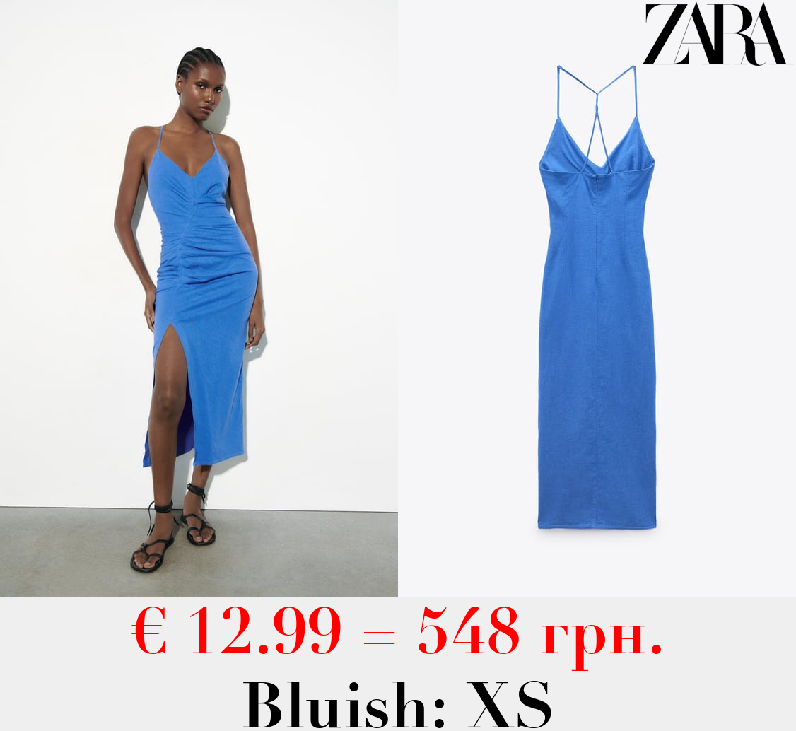 LINEN BLEND GATHERED MIDI DRESS