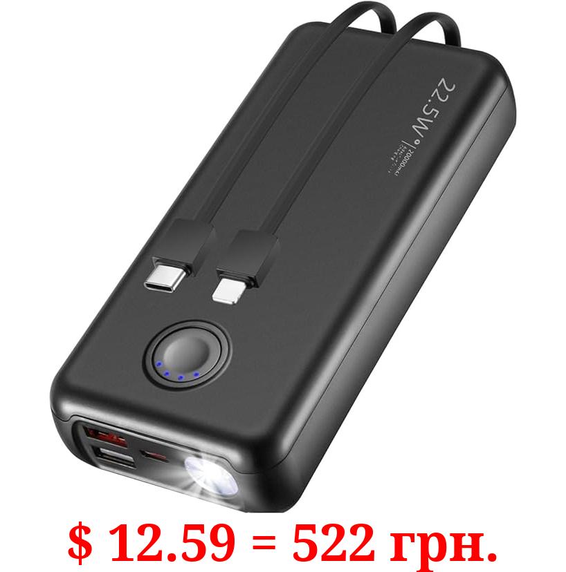 MARRRCH Portable Charger,Power Bank,20000mAh Quick Charge Battery Pack PD 22.5W Built-in Charging Cable and Bright Flashlight LED 2 USB 1Type-C Output for iPhone 15/14/13/12/11/Samsung/Google Pixel