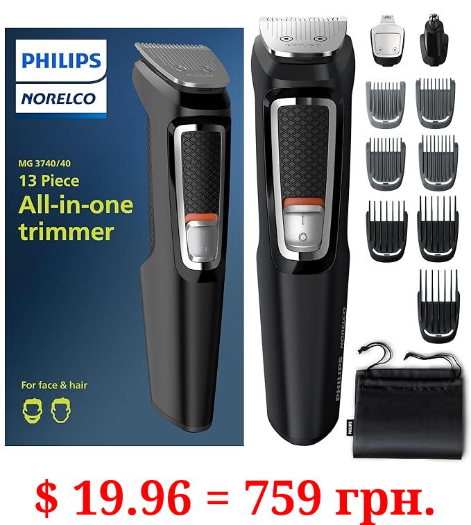 Philips Norelco Multi Groomer All-in-One Trimmer Series 3000-13 Piece Mens Grooming Kit for Beard, Face, Nose, Ear Hair Trimmer and Hair Clipper - NO Blade Oil Needed, MG3740/40