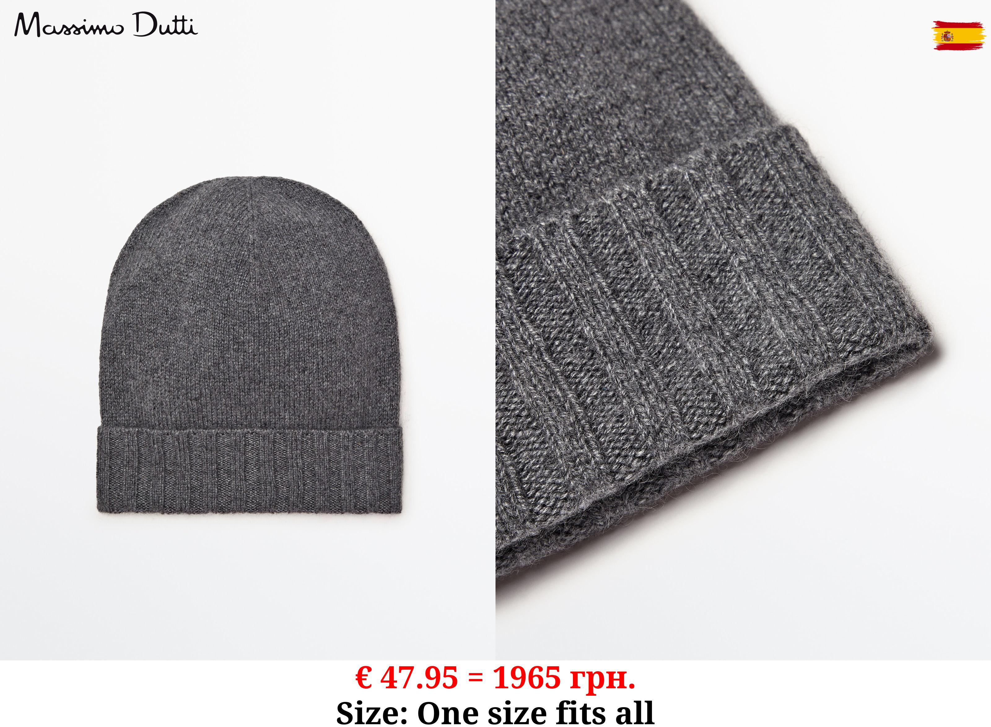 100% cashmere ribbed beanie with turn-up detail GREY