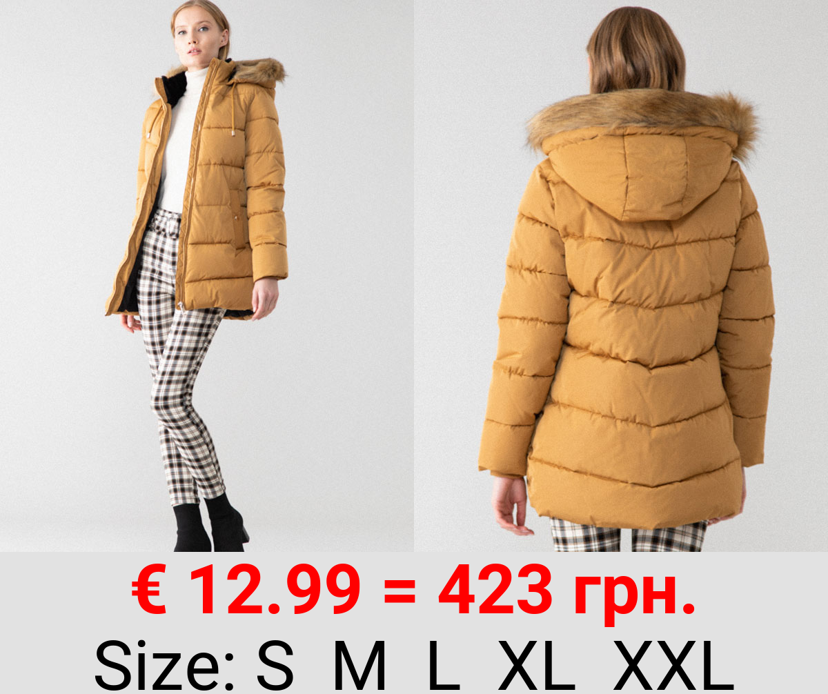 Puffer jacket with faux fur hood trim