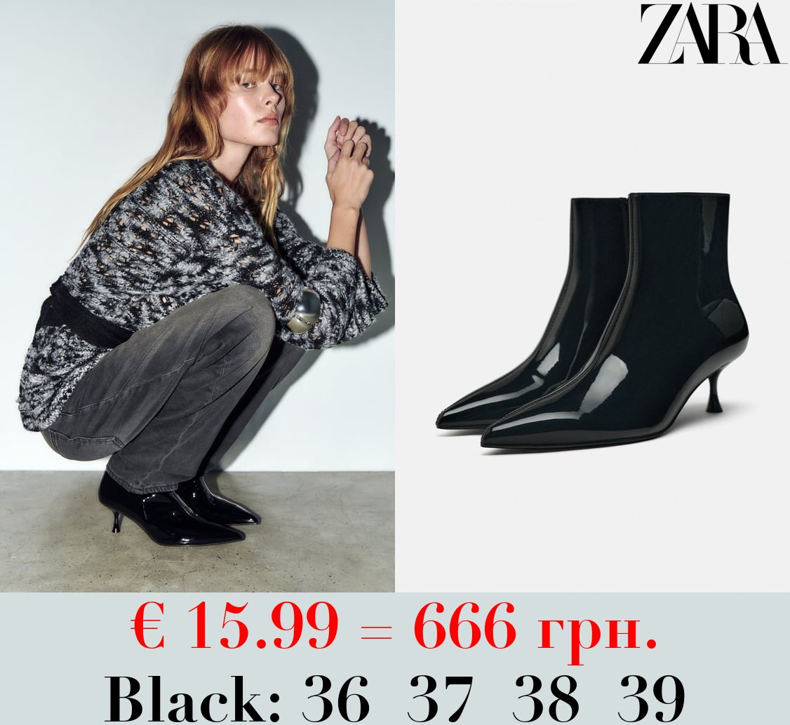 FAUX PATENT FINISH KITTEN HEEL ANKLE BOOTS