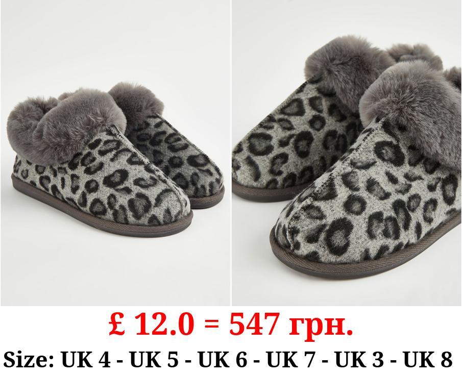 Grey Leopard Faux Fur Full Back Slippers