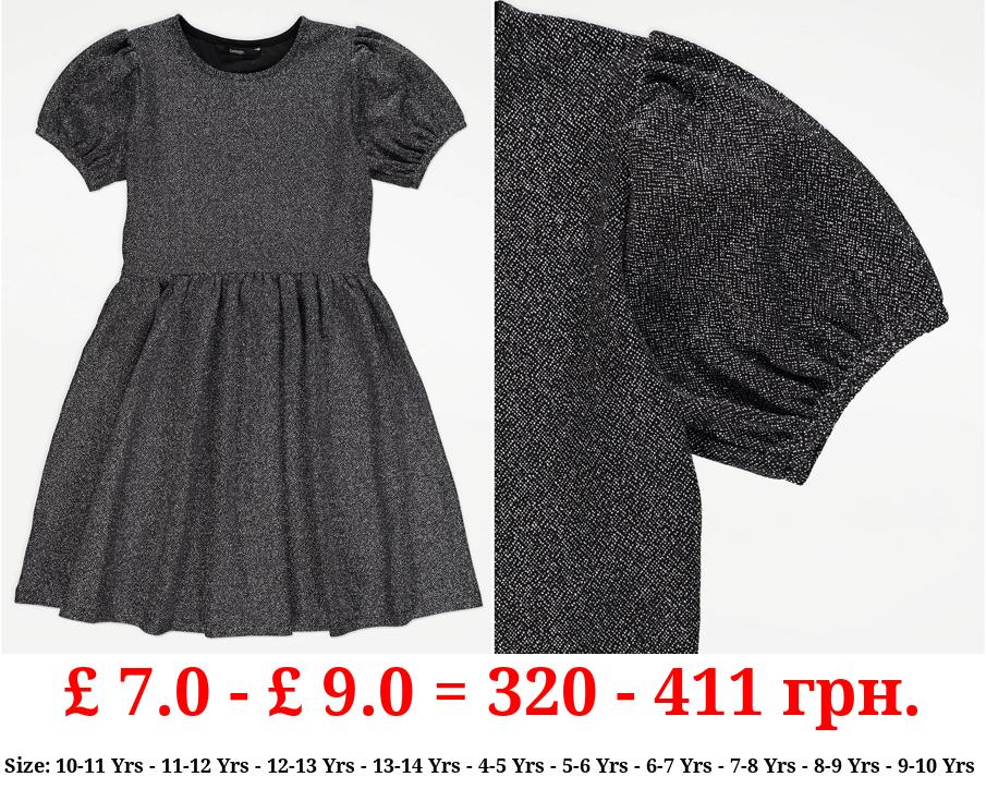 Black Glitter Puff Sleeve Dress