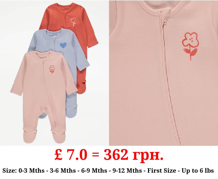 Bright Ribbed 2 Way Zip Sleepsuits 3 Pack