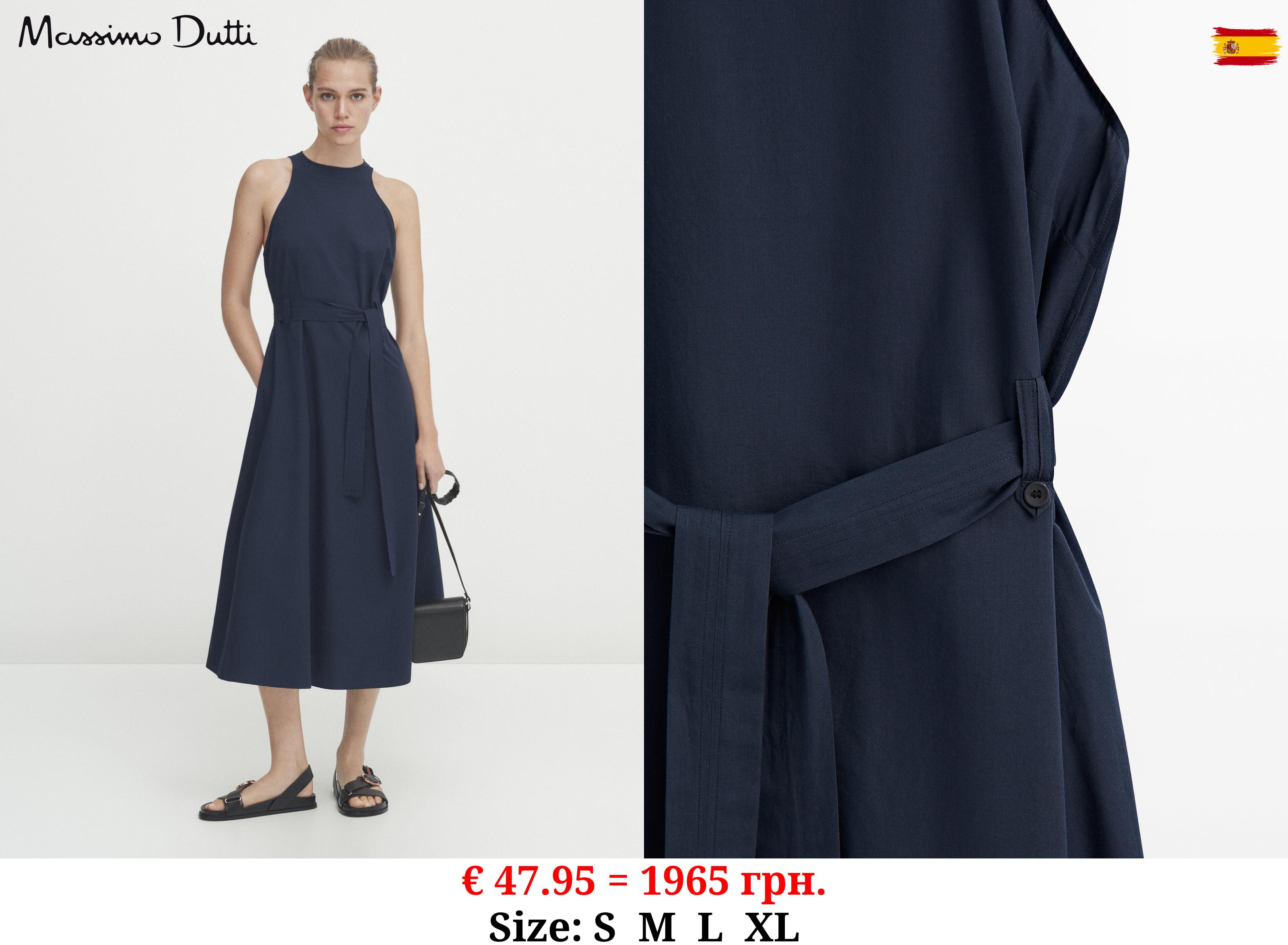 Poplin midi dress with belt NAVY BLUE