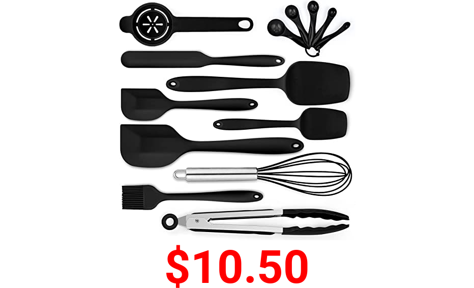 Silicone Spatulas Set of 14, P&P CHEF Black Heat Resistant Rubber Spatula with One Piece Design, Flexible Kitchen Baking Spatulas For Cooking, Mixing, Seamless Design & Durable, Dishwasher Safe