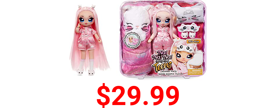 Na Na Na Surprise Teens Slumber Party Soft Fabric Fashion Doll Playset Mila Rose 11", Pink Hair, Persian Kitty Inspired Pajamas & Accessories, Gift for Kids, Toy for Girls & Boys Ages 5 6 7 8+ Years