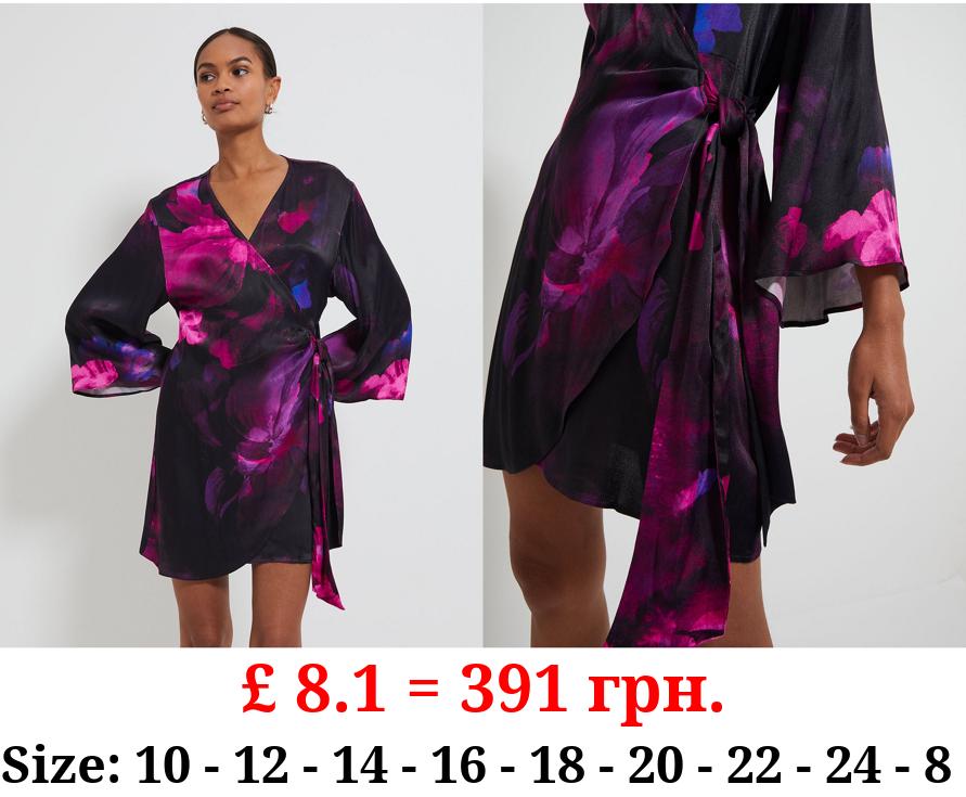 Floral Satin Wrap Front Mini Dress