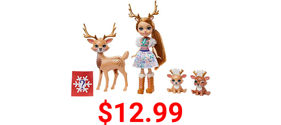Enchantimals Family Toy Set, Rainey Reindeer Small Doll (6-in) with 3 Animal Figures, Great Gift for 3-8 Year Olds