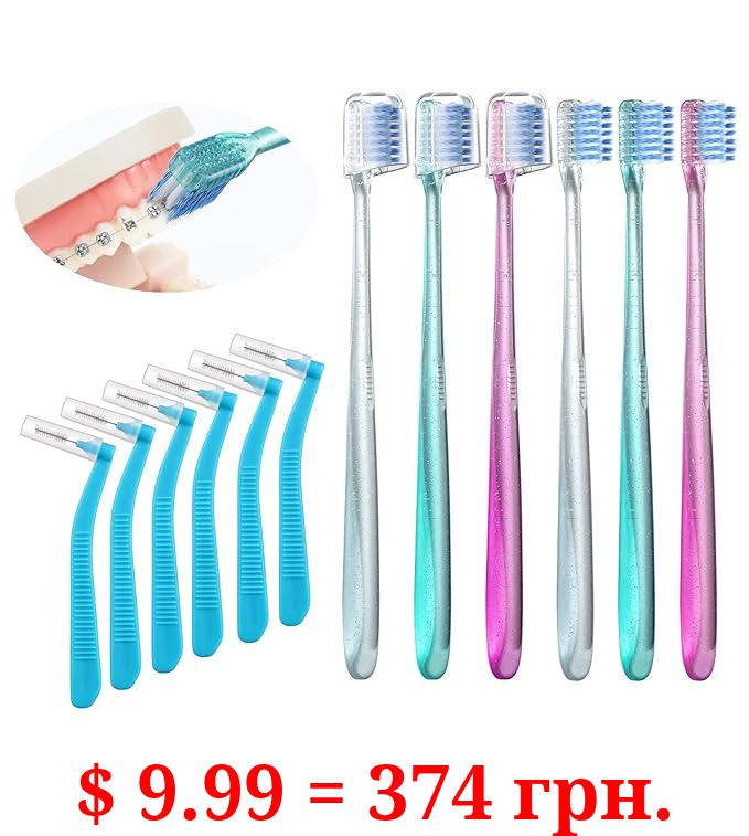 Fregum V-Shaped Orthodontic Toothbrush for Braces, with 6 Interdental Brushes, Soft Bristles, 6 Count