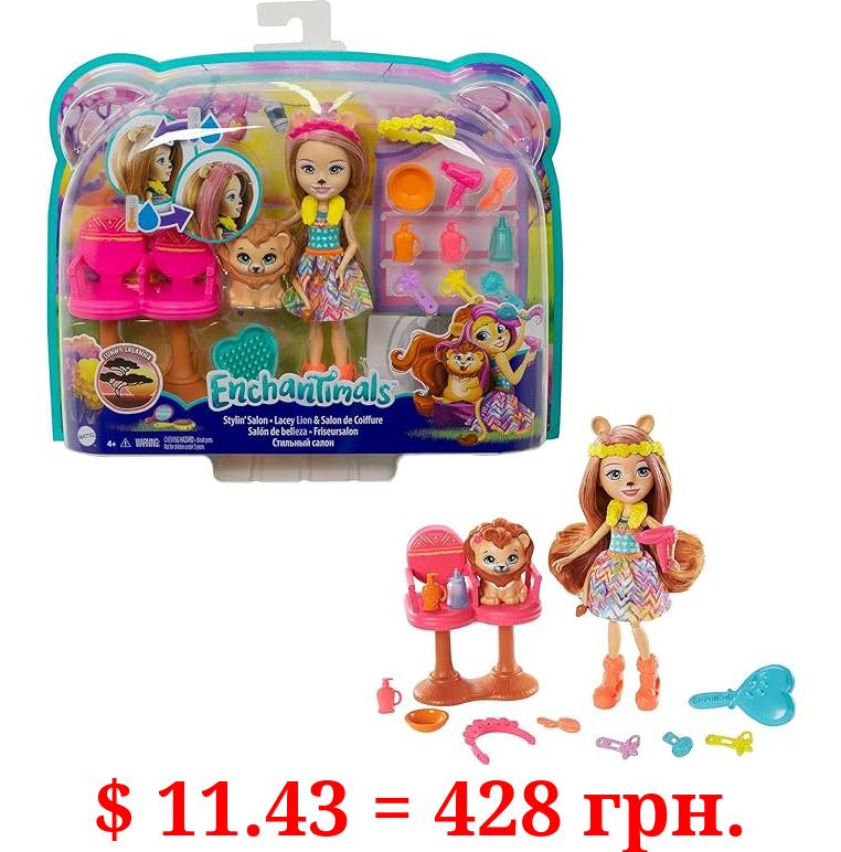 Mattel Enchantimals Stylin’ Salon Playset Lacey Lion (6-in) & Manesy with 13 Accessories, Sunny Savanna Collection, Just Add Water for Color-Change Hairstyle Fun, Great Gift for 3 to 8 Year Old Kids