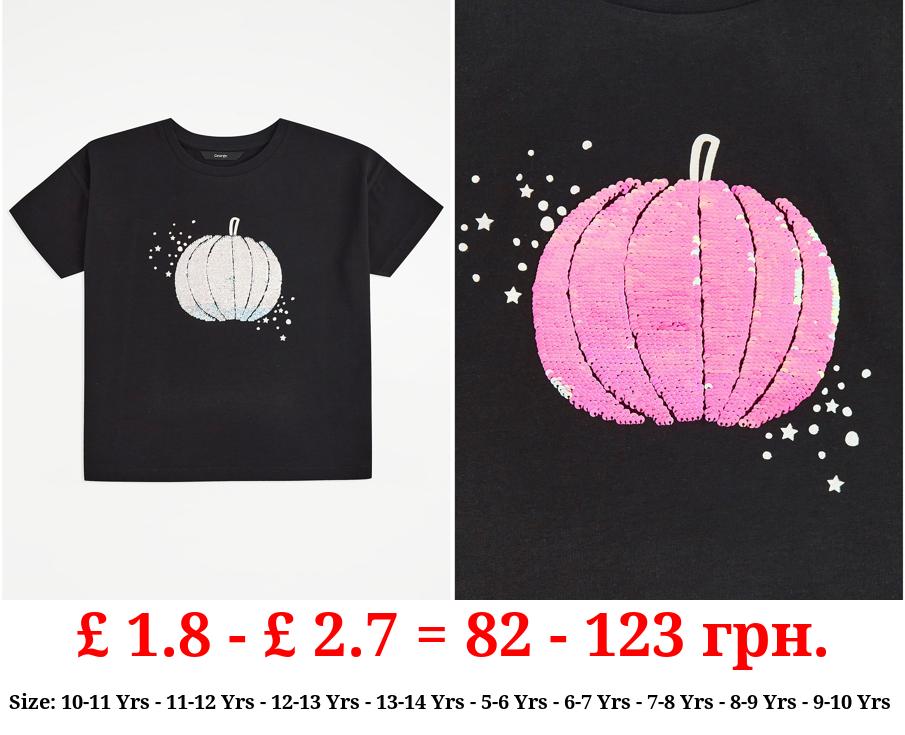 Black Pumpkin Flippy Sequin Halloween T-Shirt
