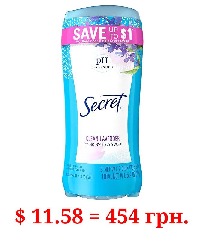 Secret Invisible Solid Antiperspirant and Deodorant, Clean Lavender, Twin Pack, 2.6 Oz each