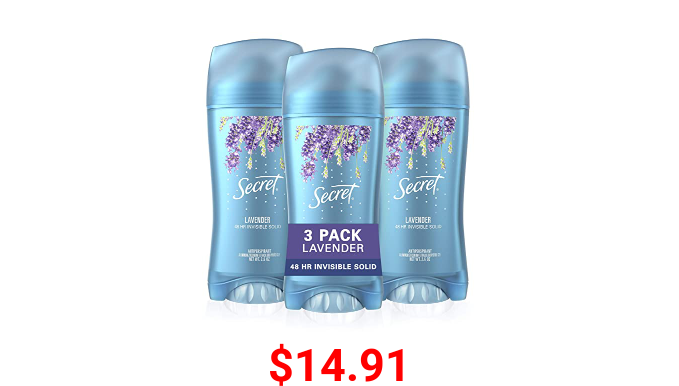 Secret Antiperspirant and Deodorant for Women, Invisible Solid, Lavender, 2.6 Oz, Pack of 3