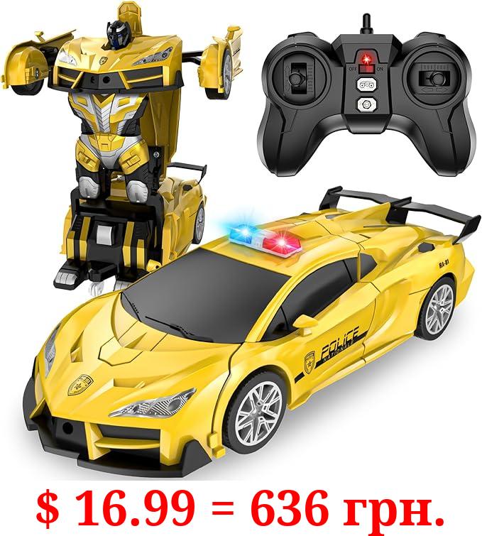 LNNKINE Remote Control Car, Transform Robot RC Cars, 2.4Ghz Transforming Police Car Toy with LED Light, One-Button Deformation & Rotating Drifting, Toys for 5+ Year Boys/Girls