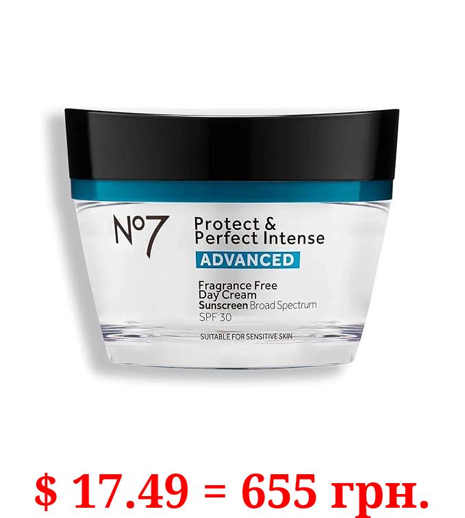 No7 Protect & Perfect Intense Advanced Fragrance Free Day Cream SPF 30 - Anti Aging Facial Moisturizer with Anti Wrinkle Technology - Hydrating Hyaluronic Acid Cream for Radiant Youthful Skin (50ml)