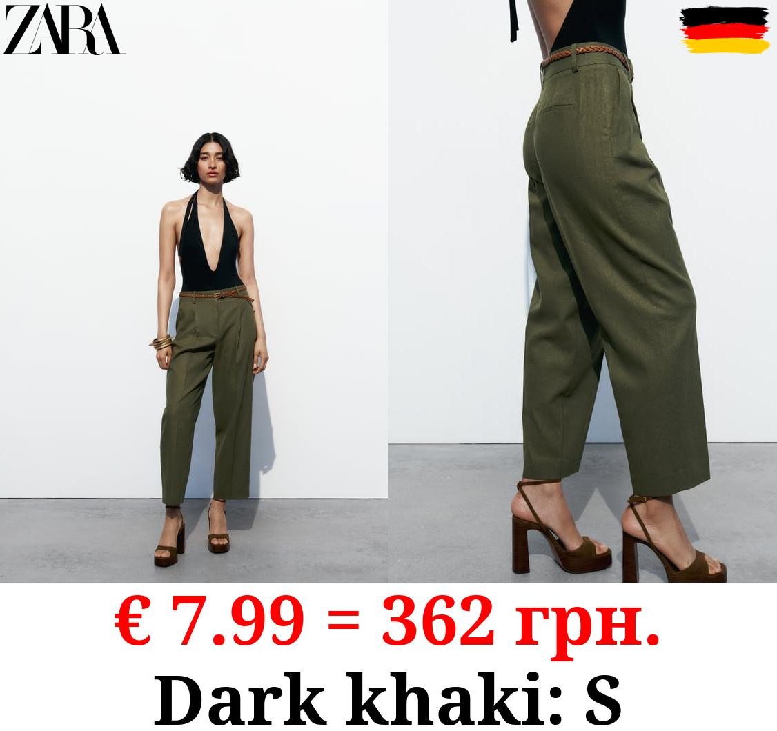 LINEN BLEND STRAIGHT TROUSERS WITH BRAIDED BELT