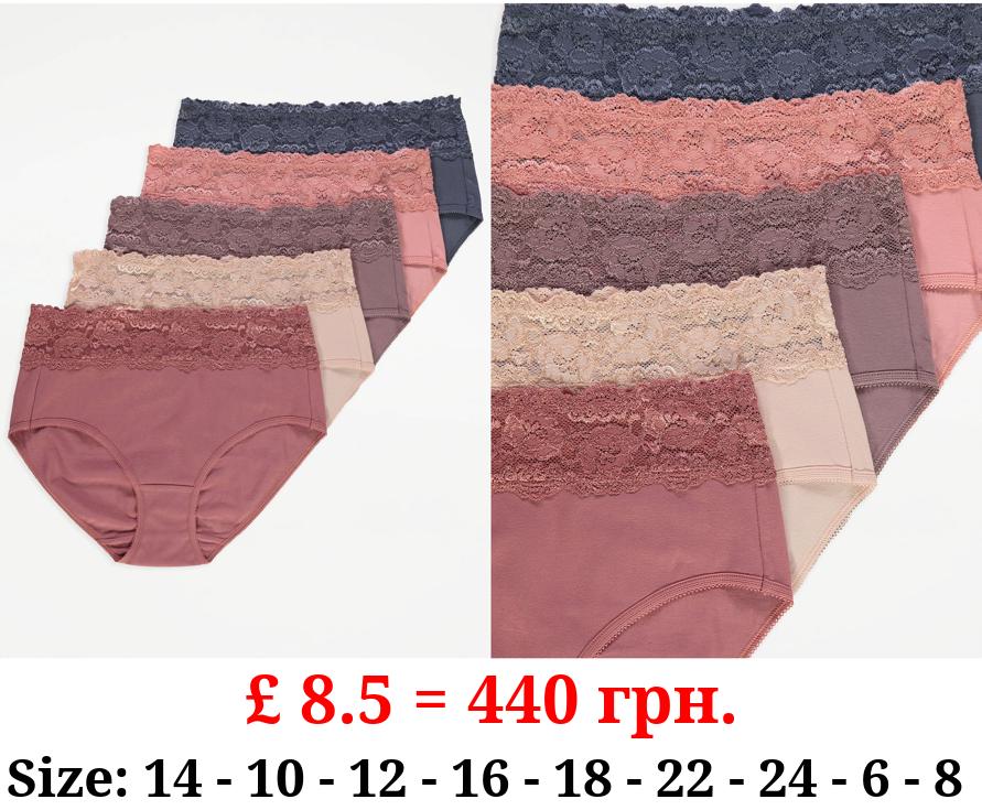 Lace Trim Midi Brief Knickers 5 Pack