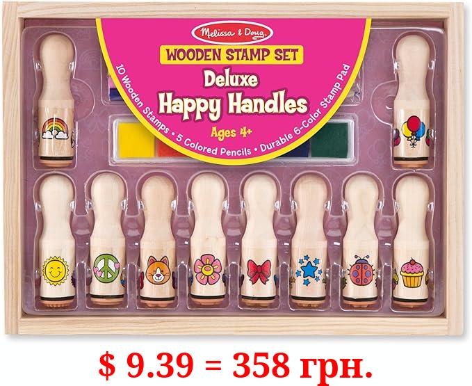 Melissa & Doug Deluxe Happy Handle Stamp Set With 10 Stamps, 5 Colored Pencils, and 6-Color Washable Ink Pad