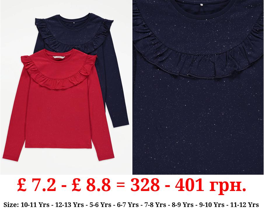 Glitter Sparkle Long Sleeve Ruffle Tops 2 Pack