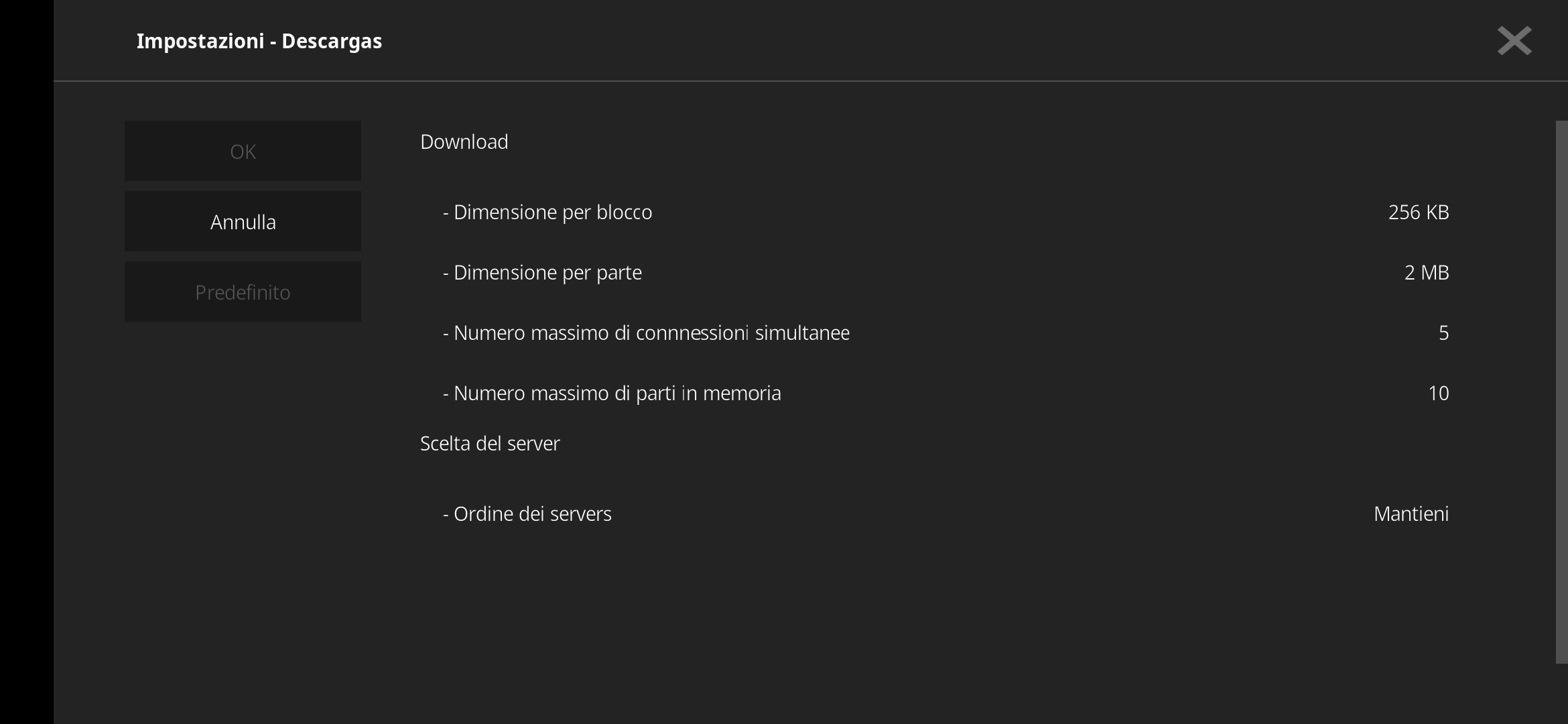 Schermata opzioni avanzate