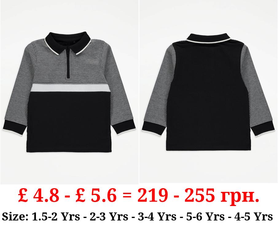 Black Houndstooth Colour Block Long Sleeve Polo Top