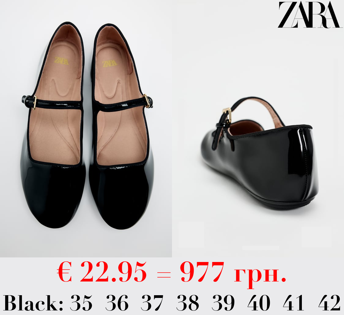 FAUX PATENT BALLET FLATS WITH ANKLE STRAP