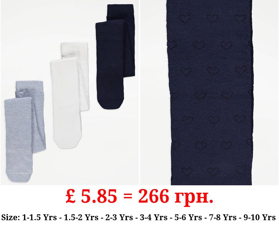 Blue Heart Detail Cotton Rich Tights 3 Pack