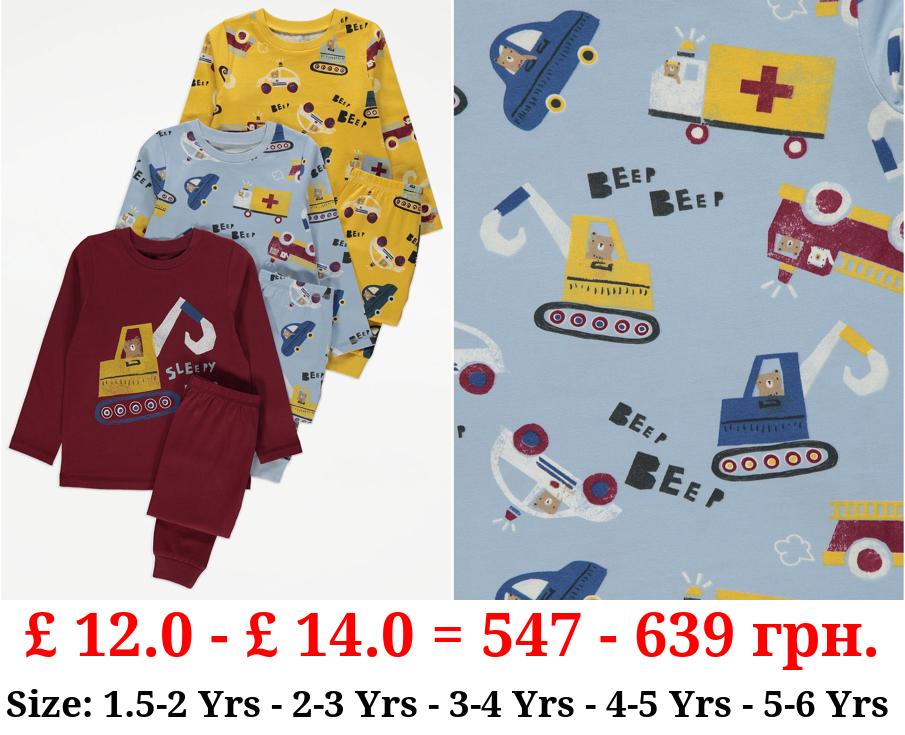 Vehicle Bear Long Sleeve Pyjamas 3 Pack