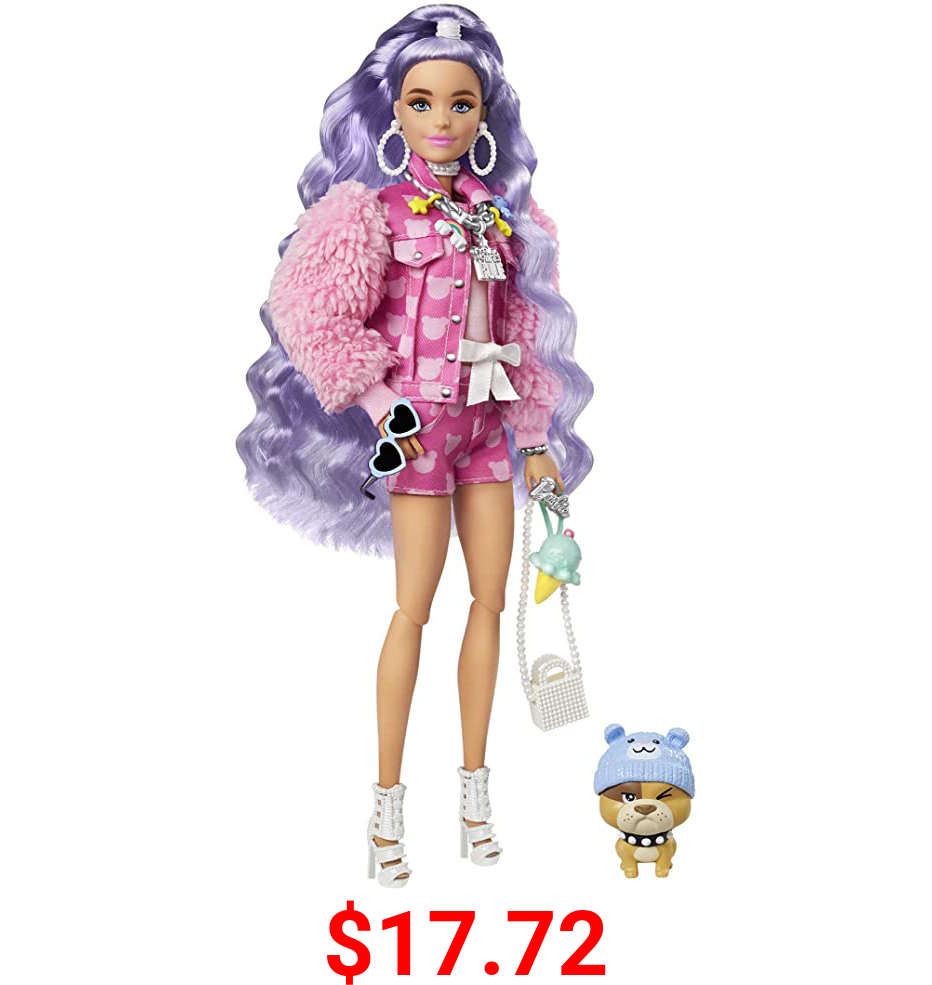 Barbie Extra Doll #6 in Pink Teddy Bear Print Denim Jacket & Matching Shorts with Pet Puppy, Long Periwinkle Hair, Layered Outfit & Accessories, Multiple Flexible Joints